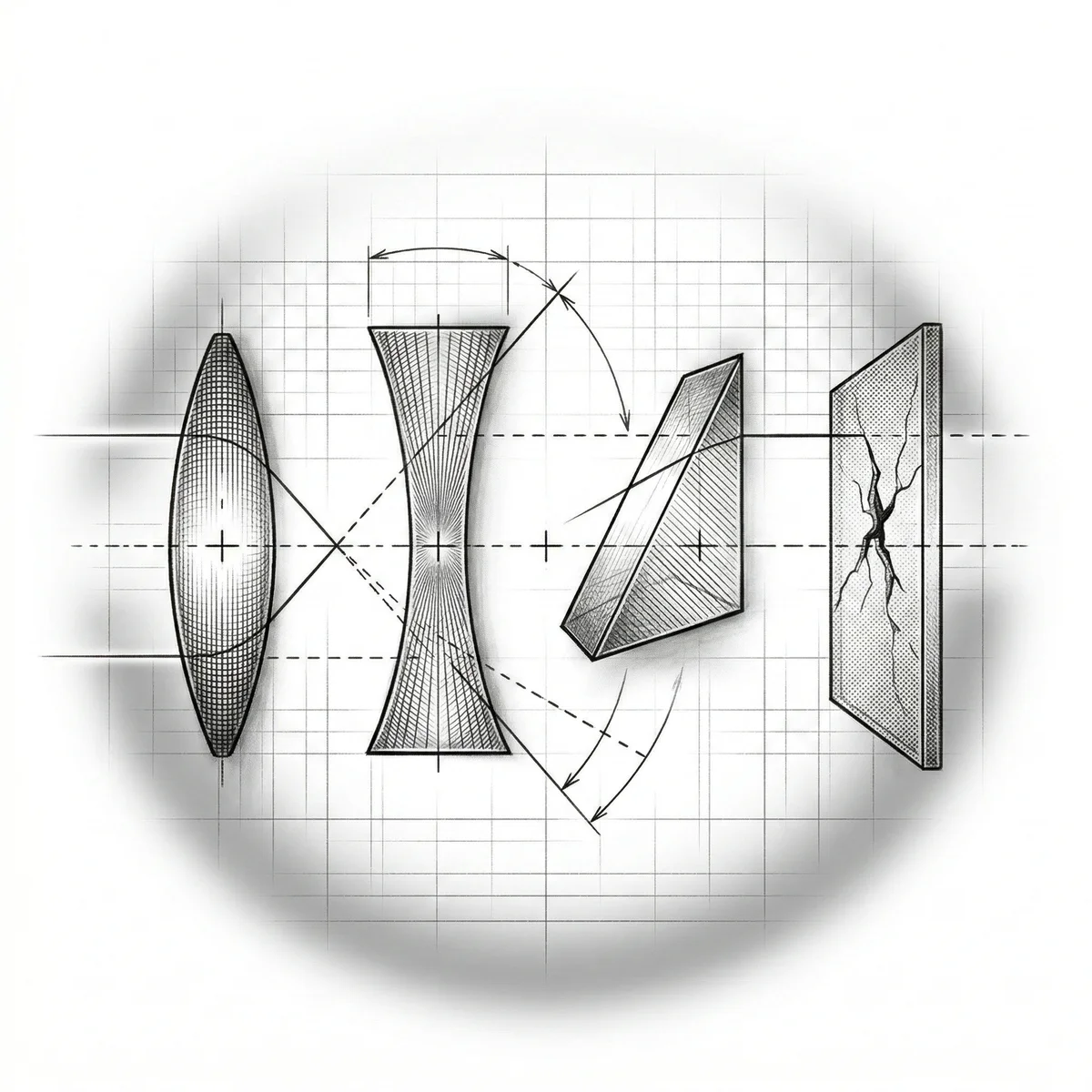 Four lenses bending beams differently