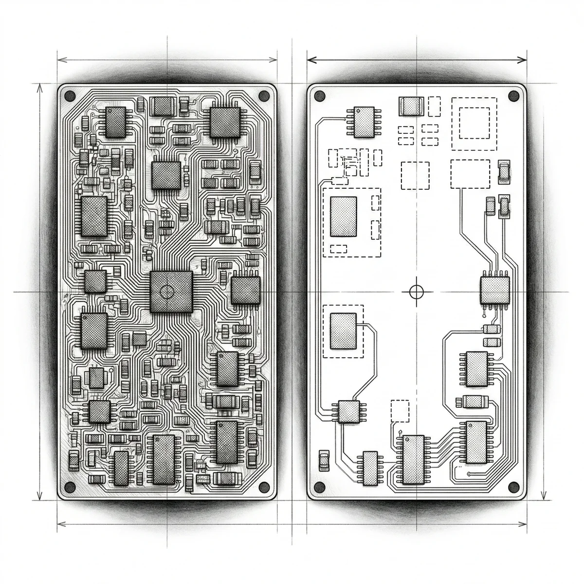 Two circuit boards &ndash; dense versus elegant