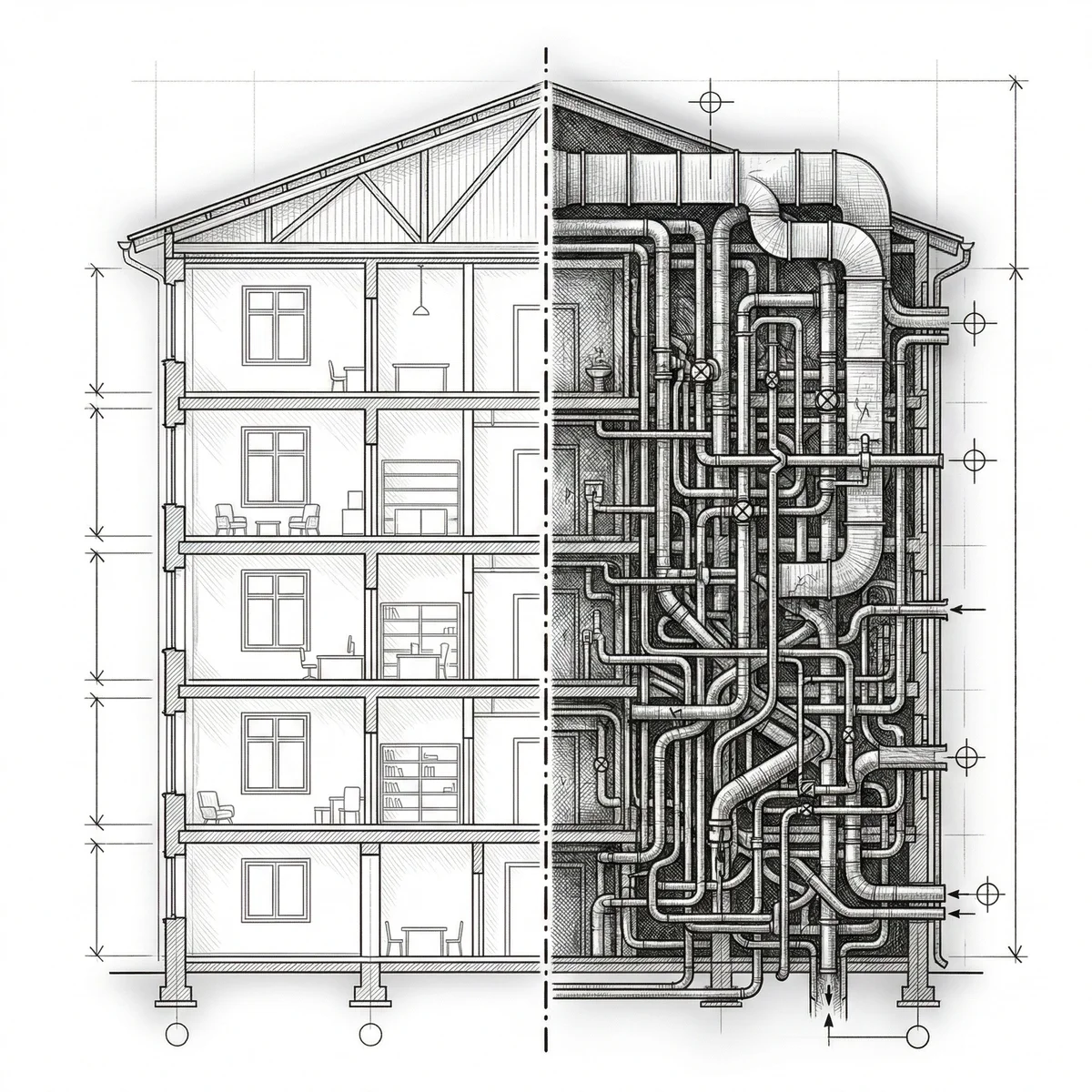 Building section-cut revealing hidden plumbing infrastructure